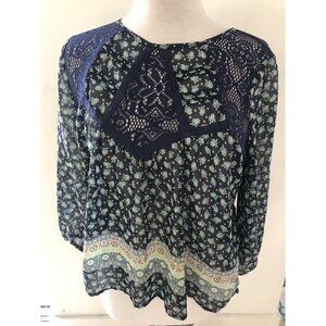 Love Fire Semi-Sheer Boho Lace Floral Blue Women’s 3/4 Sleeve Blouse Size Large